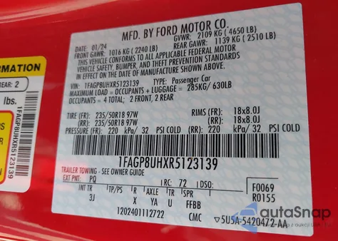 2024 Ford Mustang Ecoboost Premium из США, поврежденный, VIN 1FAGP8UHXR5123139